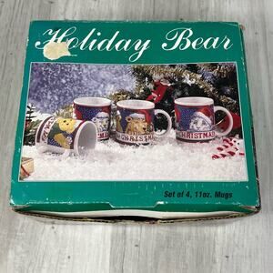 Vintage Sakura Oneida Stoneware Holiday Bear 11oz Coffee Tea Mug 1997 Set Of 4